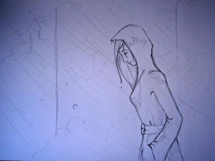 girl crying sketch. Prompt: Crying in the rain