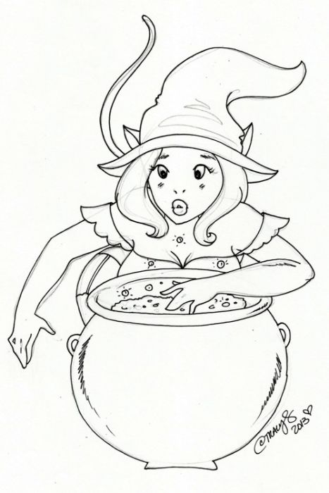 a witch bending over her cauldron by Milkycat