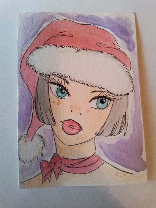 girl with freckles and a santa hat by Milkycat