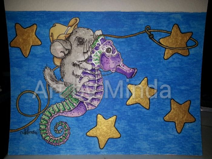 Chinchilla Cowboy-chinchilla riding a seahorse lassoing stars by Minda