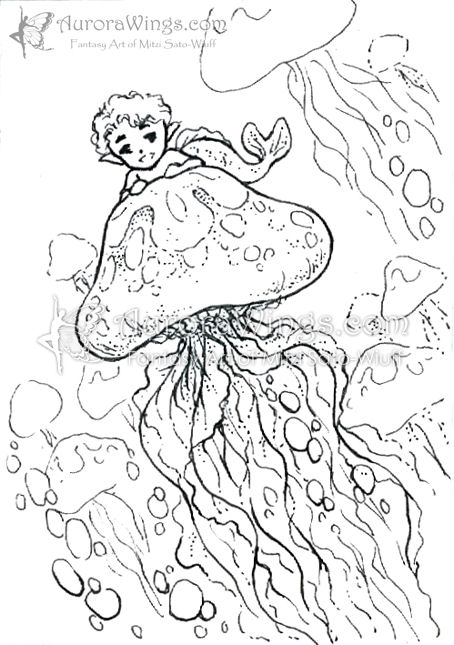 Baby Mermaid Riding a Jellyfish (ink) by Mitzi Sato-Wiuff