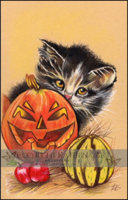 Pumpkins, apples and a black kitty by katerina Koukiotis
