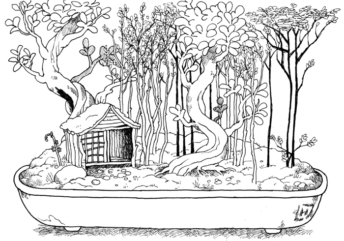 Fairy house in a forest of bonsais by Linnea