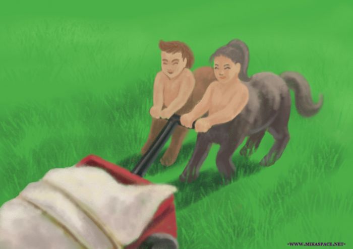 Two centaurs pulling a wagon by Meeks
