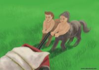 Two centaurs pulling a wagon