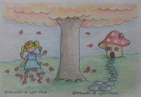 Fairy playing in autumn leaves by Fairy Cottage